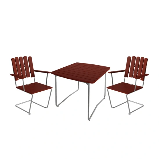 Klassikergrupp café med A2 och b31 i mörkröd målad ek med varmförzinkat stativ.