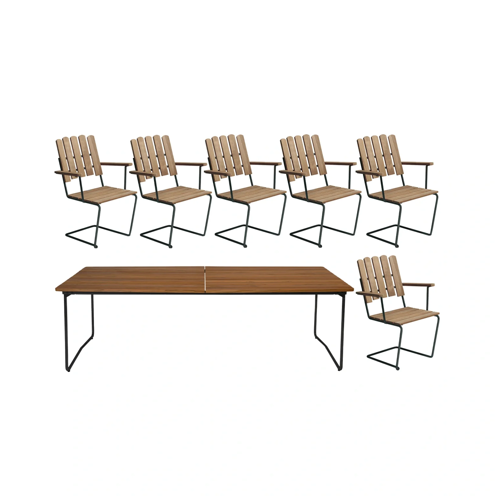 Klassikergrupp teak / svart - 6 A2 stolar, B31 230 cm