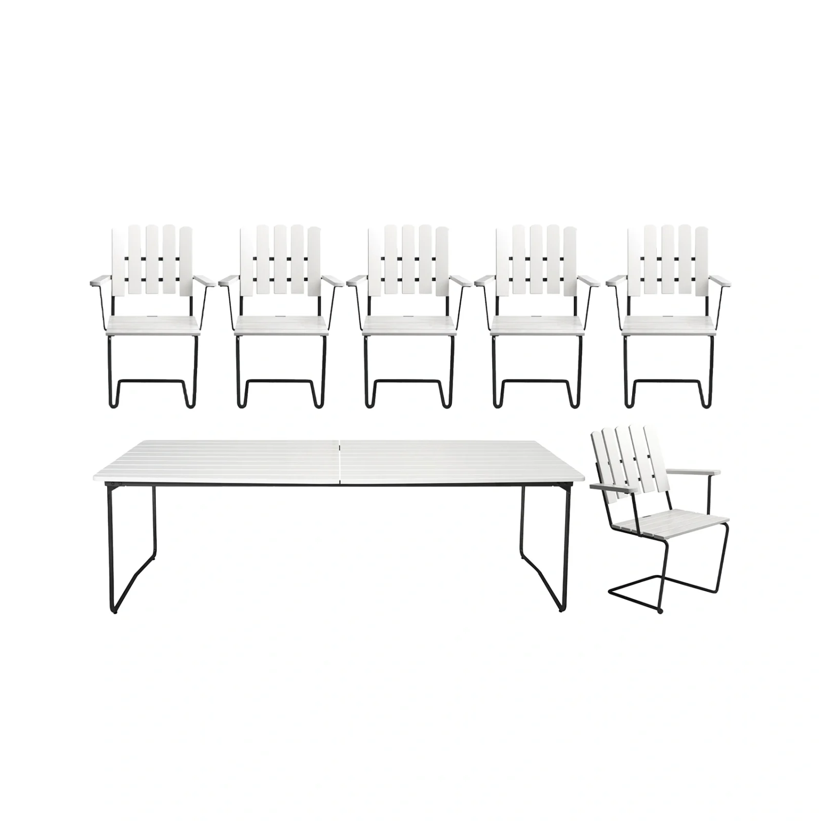 Klassikergrupp vit ek / svart - 6 A2 stolar, B31 230 cm