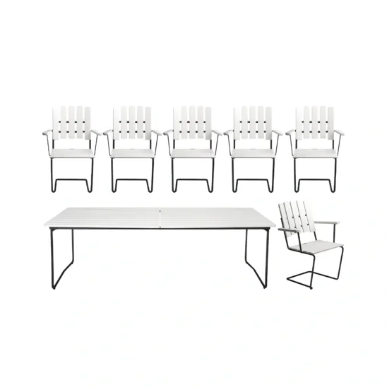 Klassikergrupp med 6 stycken A2 stolar och B31 230 bord i vit ek med svart stativ.