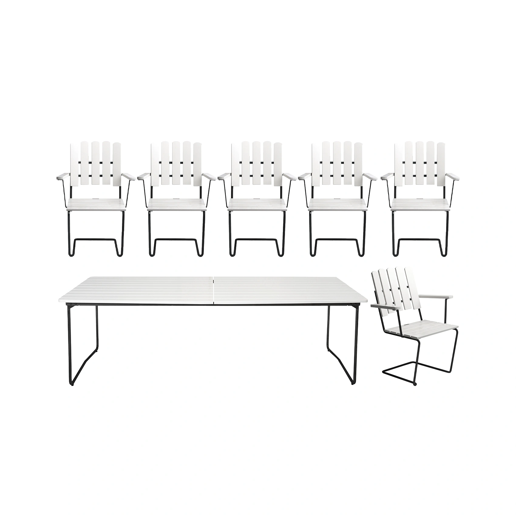 Klassikergrupp med 6 stycken A2 stolar och B31 230 bord i vit ek med svart stativ.