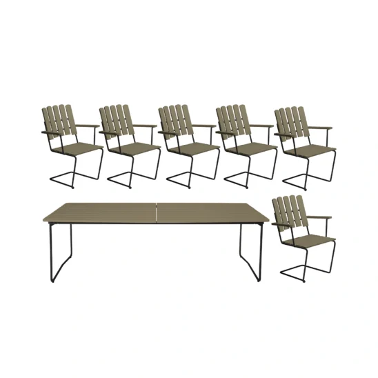 Klassikergrupp med 6 stycken A2 stolar och B31 230 bord i ljusgrön ek med svart stativ.