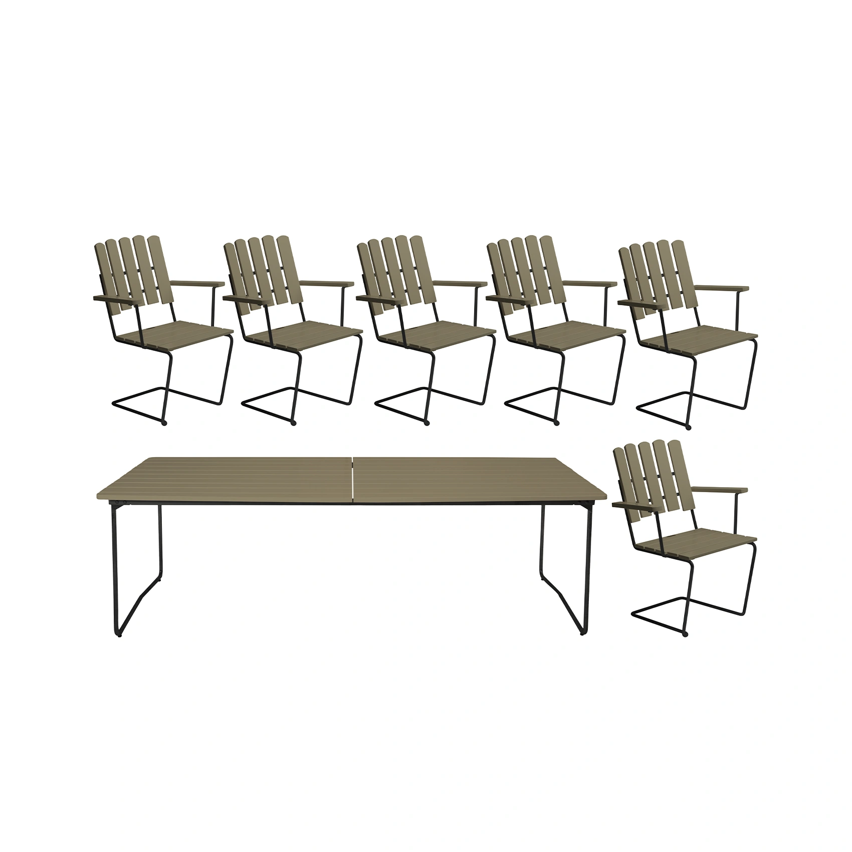 Klassikergrupp med 6 stycken A2 stolar och B31 230 bord i ljusgrön ek med svart stativ.