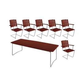 Klassikergrupp mörkröd ek / zink - 6 A2 stolar, B31 230 cm