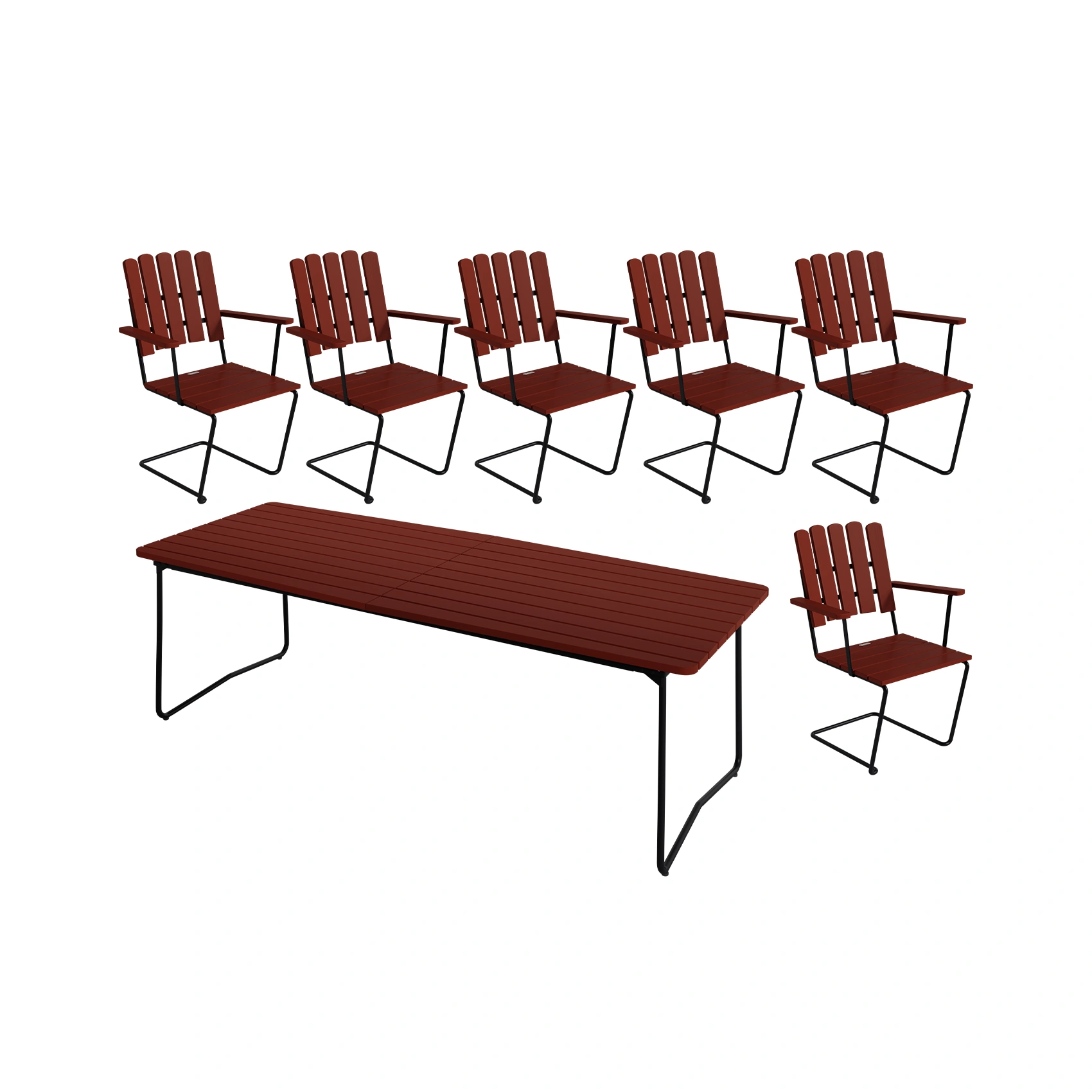 Klassikergrupp med 6 stycken A2 stolar och B31 230 bord i mörkröd ek med svart stativ.