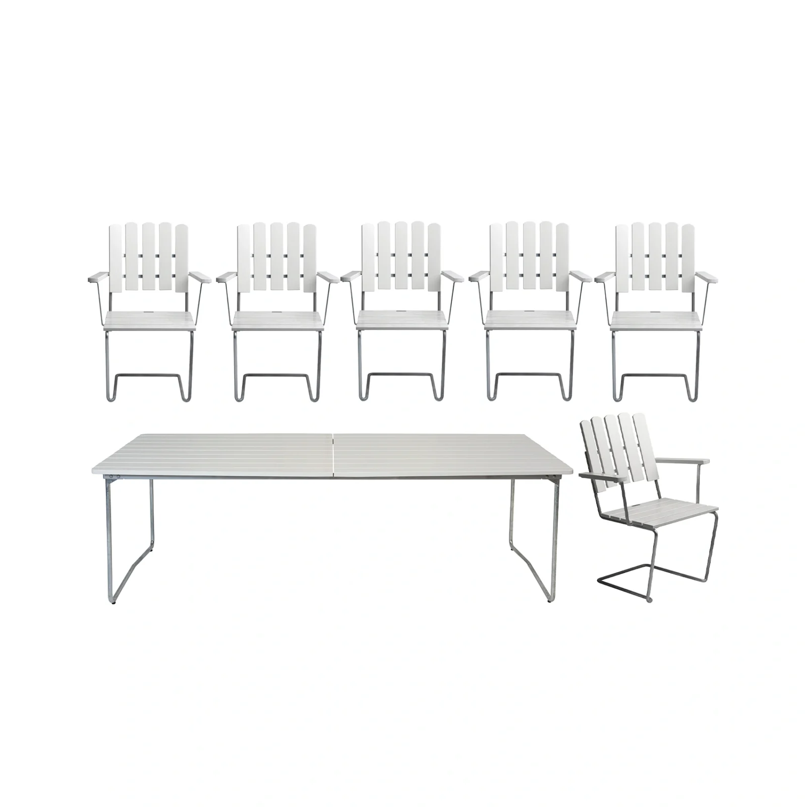 Klassikergrupp vit ek / varmförzinkat - 6 A2 stolar, B31 230 cm