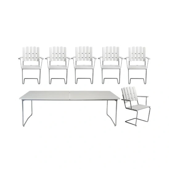 Klassikergrupp med 6 stycken A2 stolar och B31 230 bord i vit ek med varmförzinkat stativ.