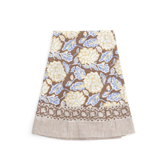 Dahlia rund bordsduk, brunt, ljusblått och gult.