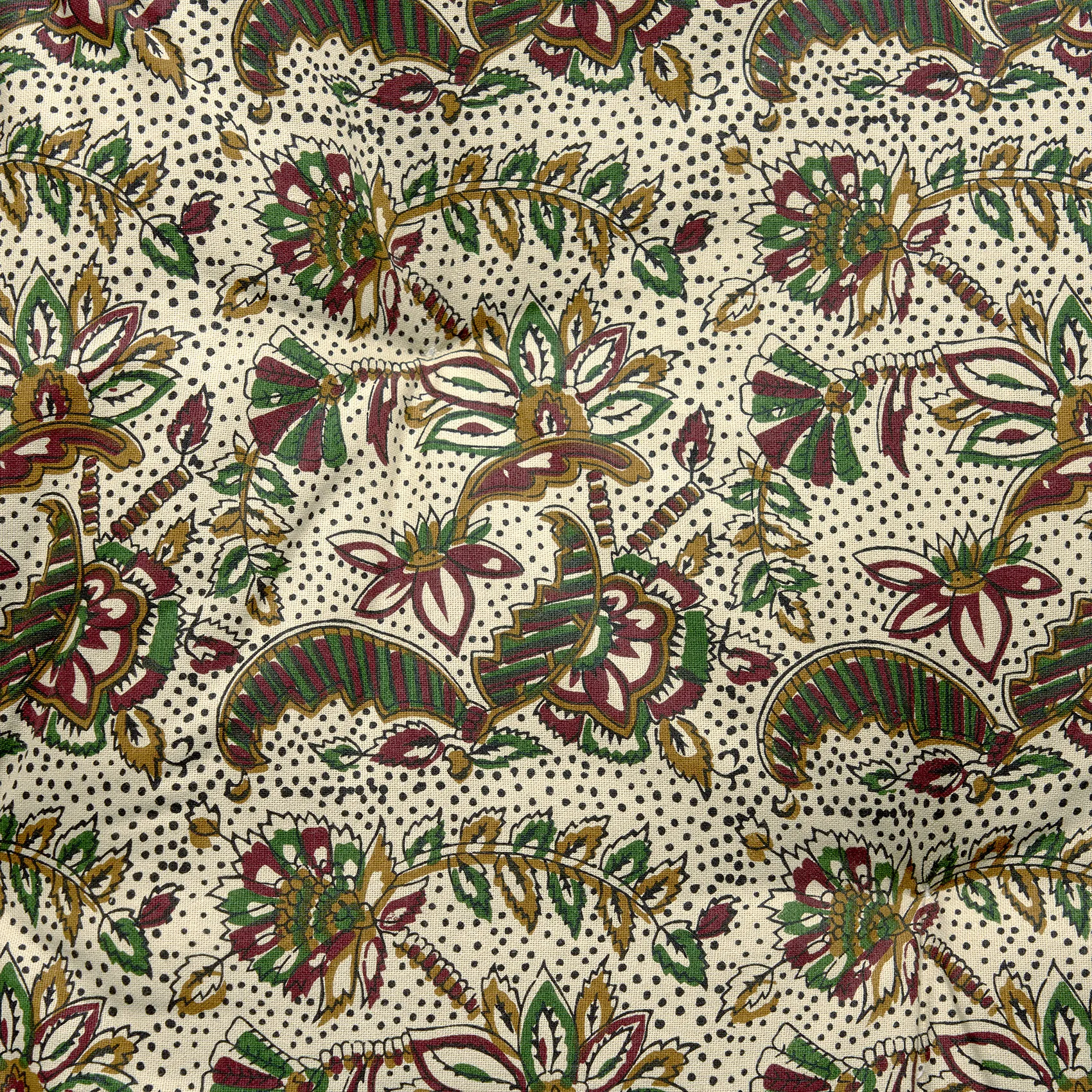 Bomullsdyna blocktryckt - offwhite/chestnut/grön 100x60 cm