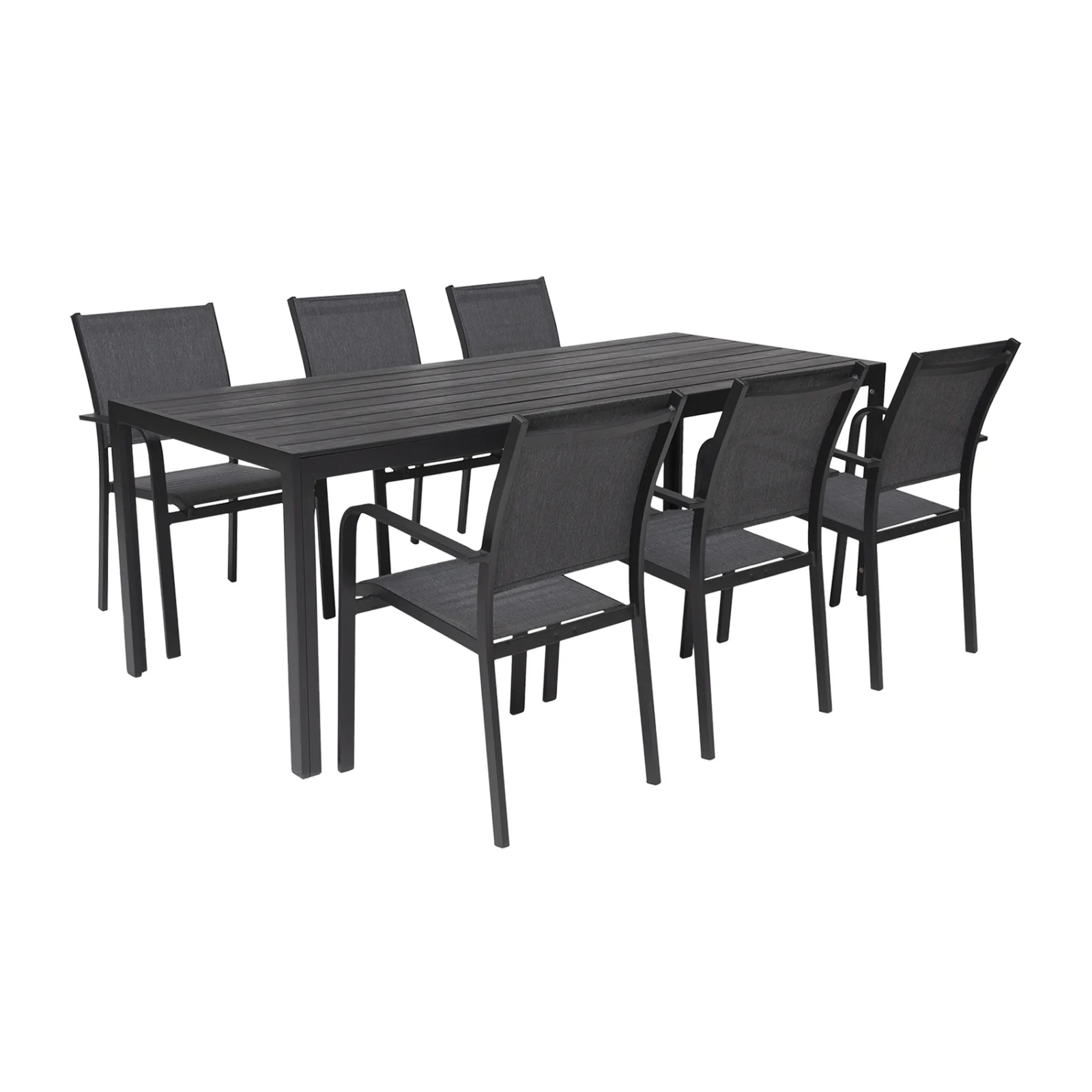 Hånger matgrupp med 6 stapelstolar, 210x90 cm - svart/mörkgrå