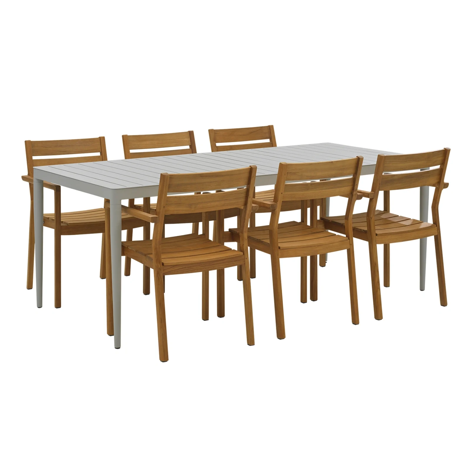 Delia/Bigby matgrupp teak/ljusgrå - 6 karmstolar, 195x90 cm