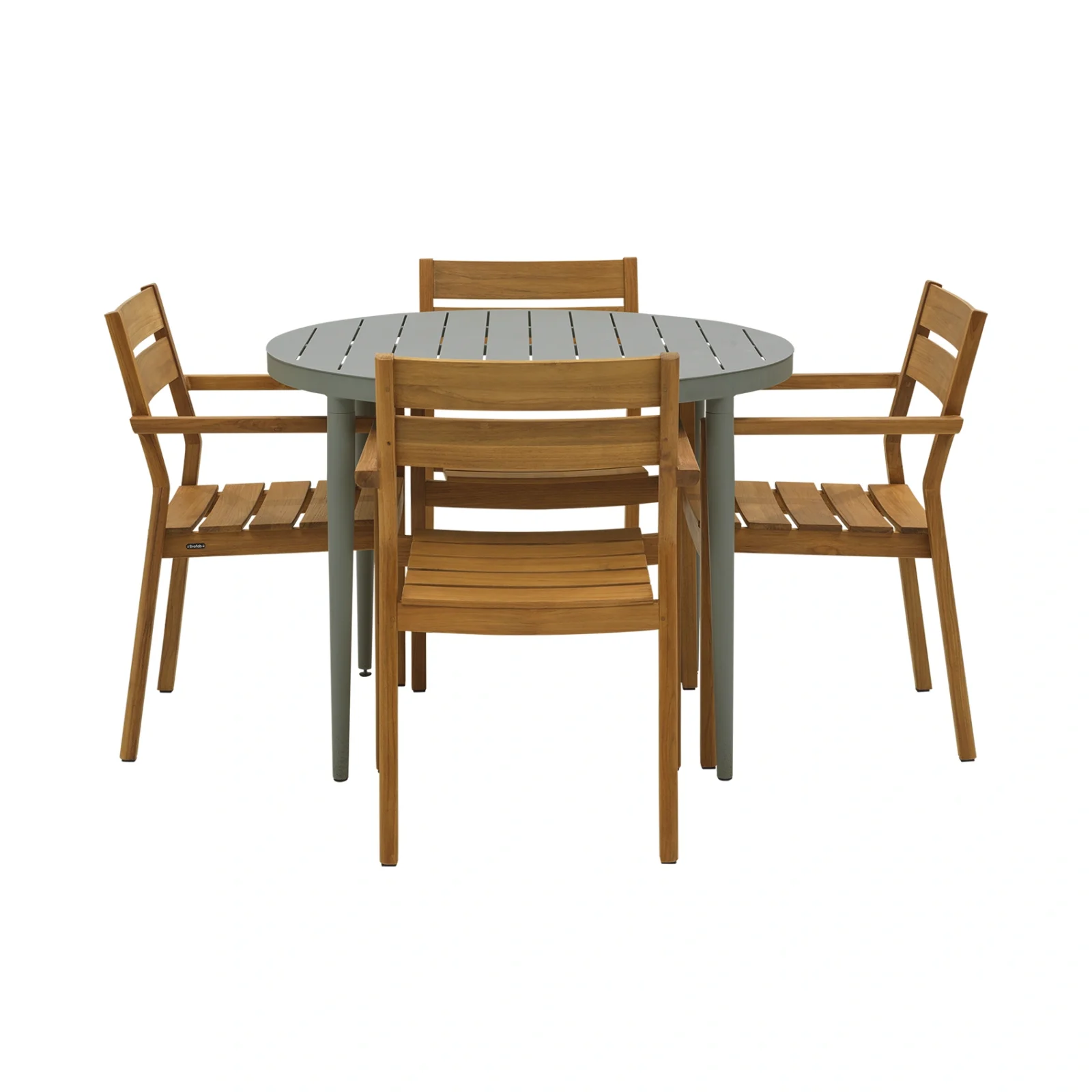 Delia/Bigby matgrupp teak/dusty green - 4 karmstolar, Ø100 cm